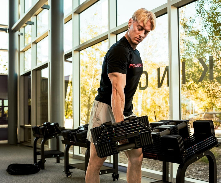 PowerBlock Commercial Pro 125 adjustable dumbbell set with the Pro Max Stand, 12.5 to 125 lb per hand