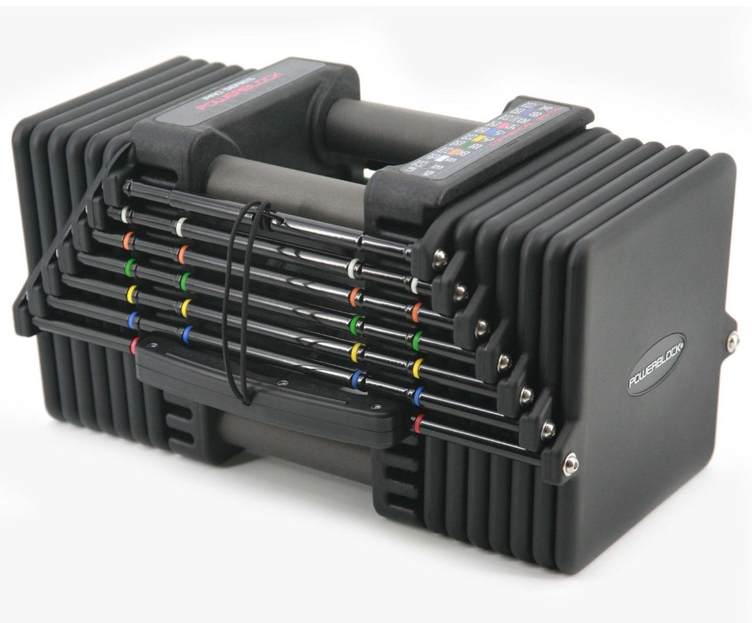 PowerBlock Commercial Pro 125 dumbbell pair on the Pro Max Stand with commercial casters