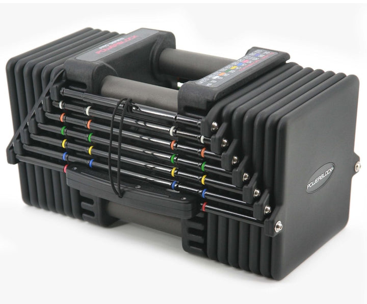 PowerBlock Commercial Pro 125 dumbbell pair on the Pro Max Stand with commercial casters
