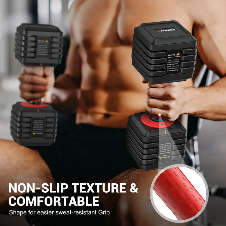 A man grips two Rendpas Adjustable Dumbbells, showcasing their square shape and non-slip red handles. Bold text highlights NON-SLIP TEXTURE & COMFORTABLE, while smaller text describes the sweat-resistant grip. A muscular torso is visible in the background.