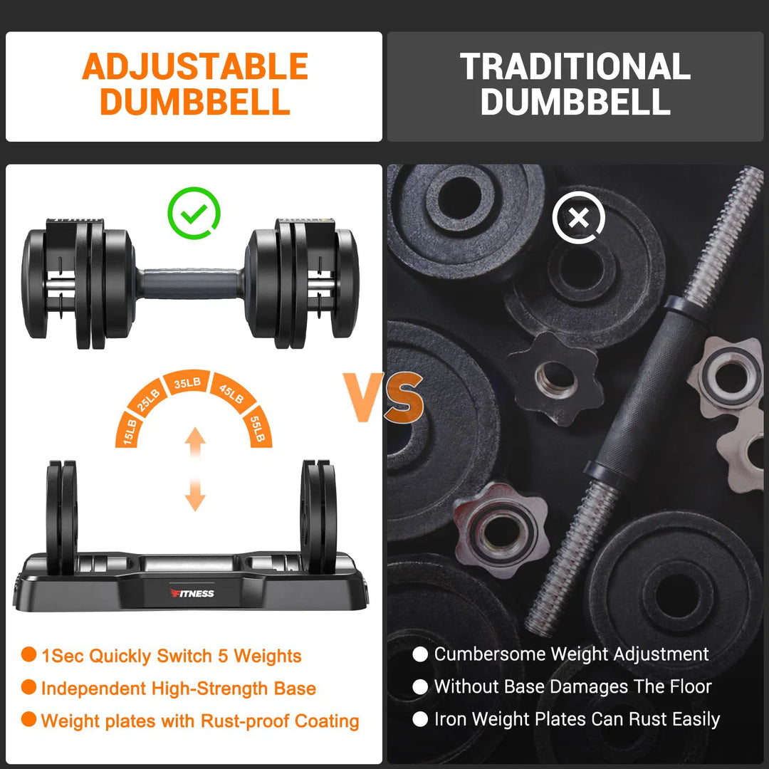 Comparing Rendpas Adjustable Dumbbells Set with traditional dumbbells shows that Rendpas offers quick weight changes and a sturdy base, unlike traditional ones that require cumbersome adjustments and may damage floors. Check our FAQs for details on common styles!.