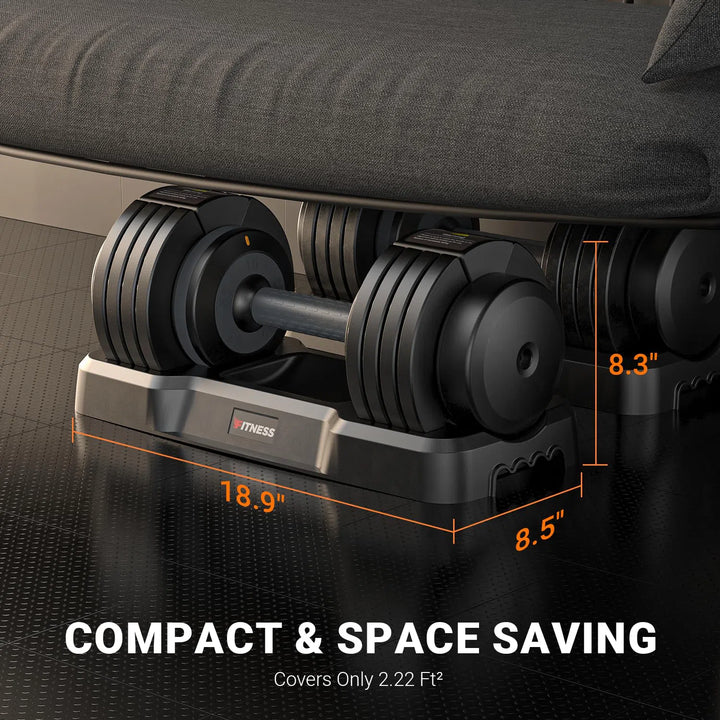 A black textured floor holds the Rendpas Adjustable Dumbbells Set under a bench. The base, marked fitness, measures 18.9 L x 8.5 W x 8.3 H and occupies just 2.22 ft² with the slogan Compact & Space Saving. Explore why its popular in FAQs from Rendpas.