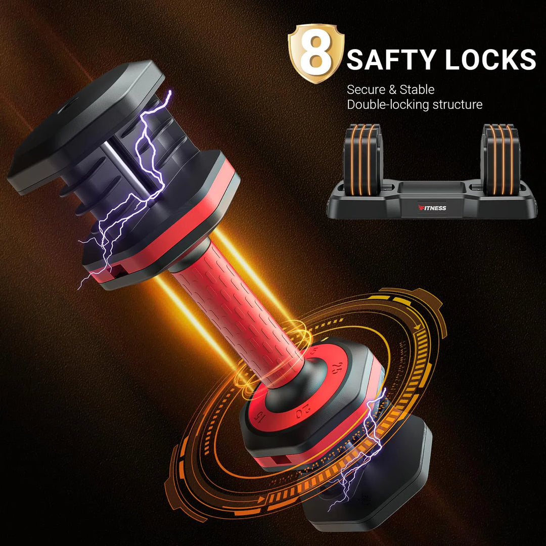 A digital rendering of the Rendpas Adjustable Dumbbells Set, accented in red and black, showcases a premium-module 11 design with graphics of an 8-lock safety system. Highlighted by electric currents and orange circles, it reads 8 safety locks and secure & stable double-locking structure.