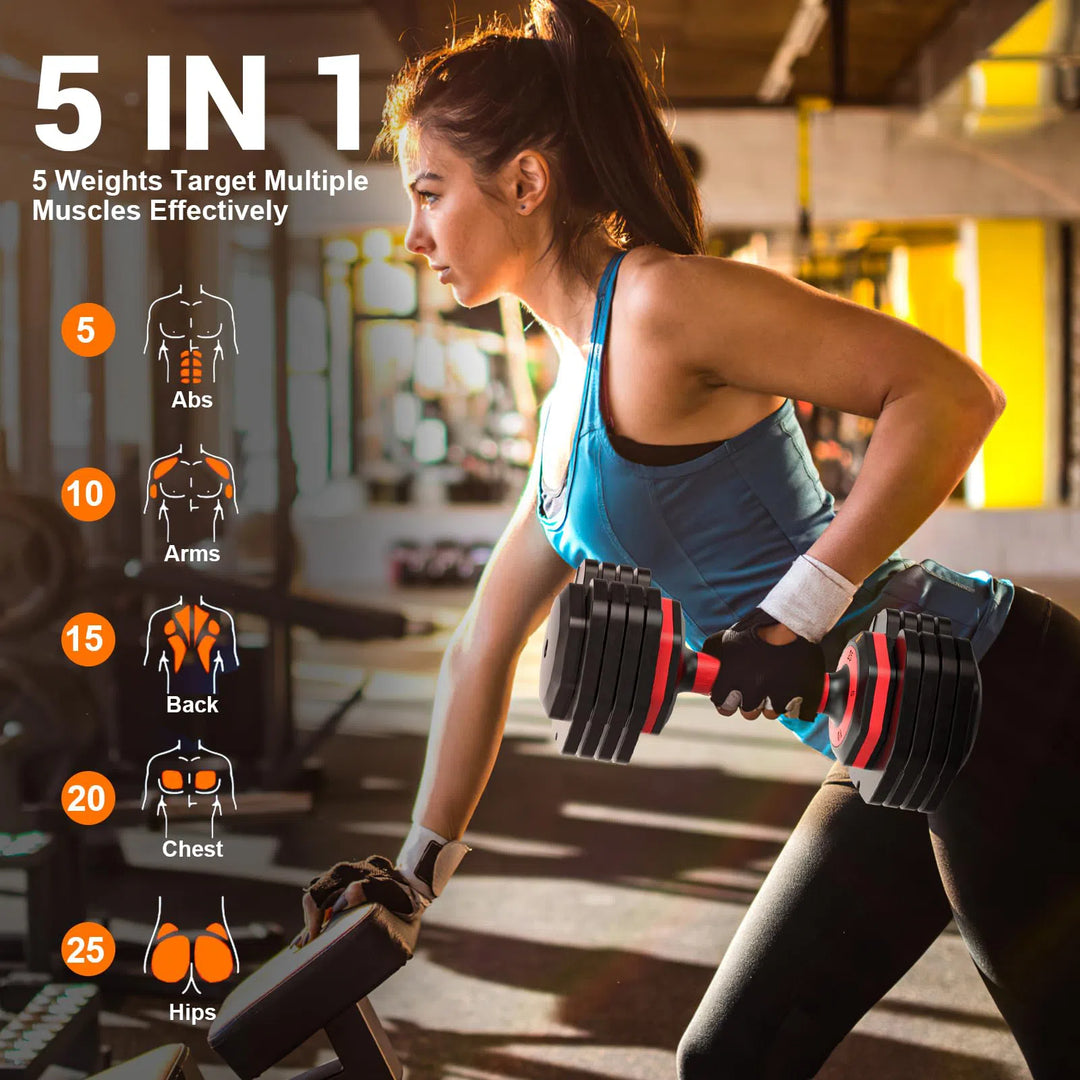 In a sunlit gym, a woman in workout attire uses the Rendpas Adjustable Dumbbells Set to perform a bent-over row. The 5 IN 1 weights target abs, arms, back, chest, and hips, ideal for achieving premium-module 11 fitness results with adjustable weight from 5 to 25 pounds.