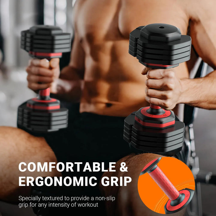 A person sits holding two black and red Rendpas Adjustable Dumbbells from our Premium-module 11 line, with text promoting Comfortable & Ergonomic Grip. A close-up inset reveals the textured grip design against a beautifully blurred background to highlight these premium Rendpas dumbbells.