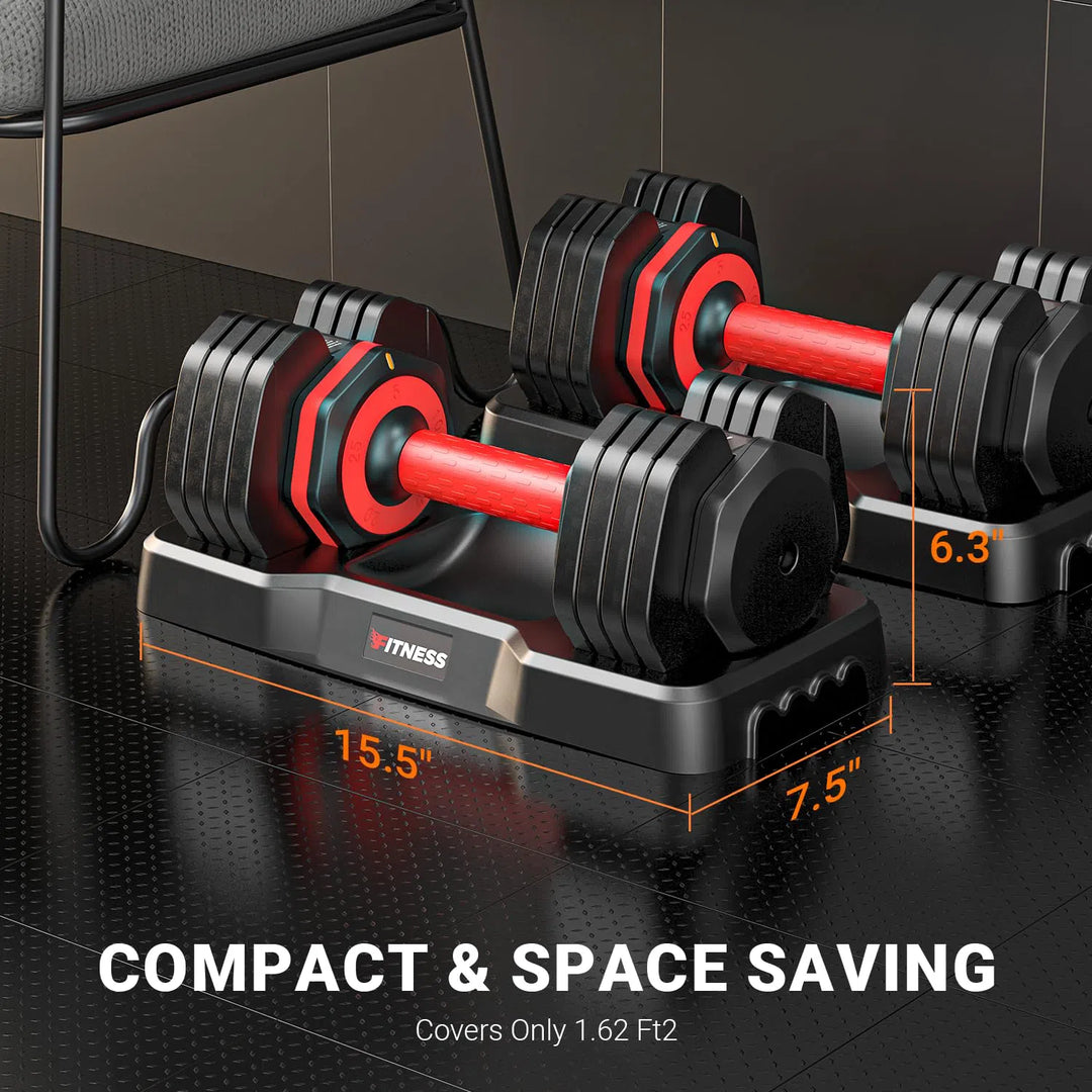 The Rendpas Adjustable Dumbbells Set features common styles with black and red accents, resting on a textured black floor. Each dumbbell measures 15.5 L x 7.5 W x 6.3 H, emphasizing their compact, space-saving design.