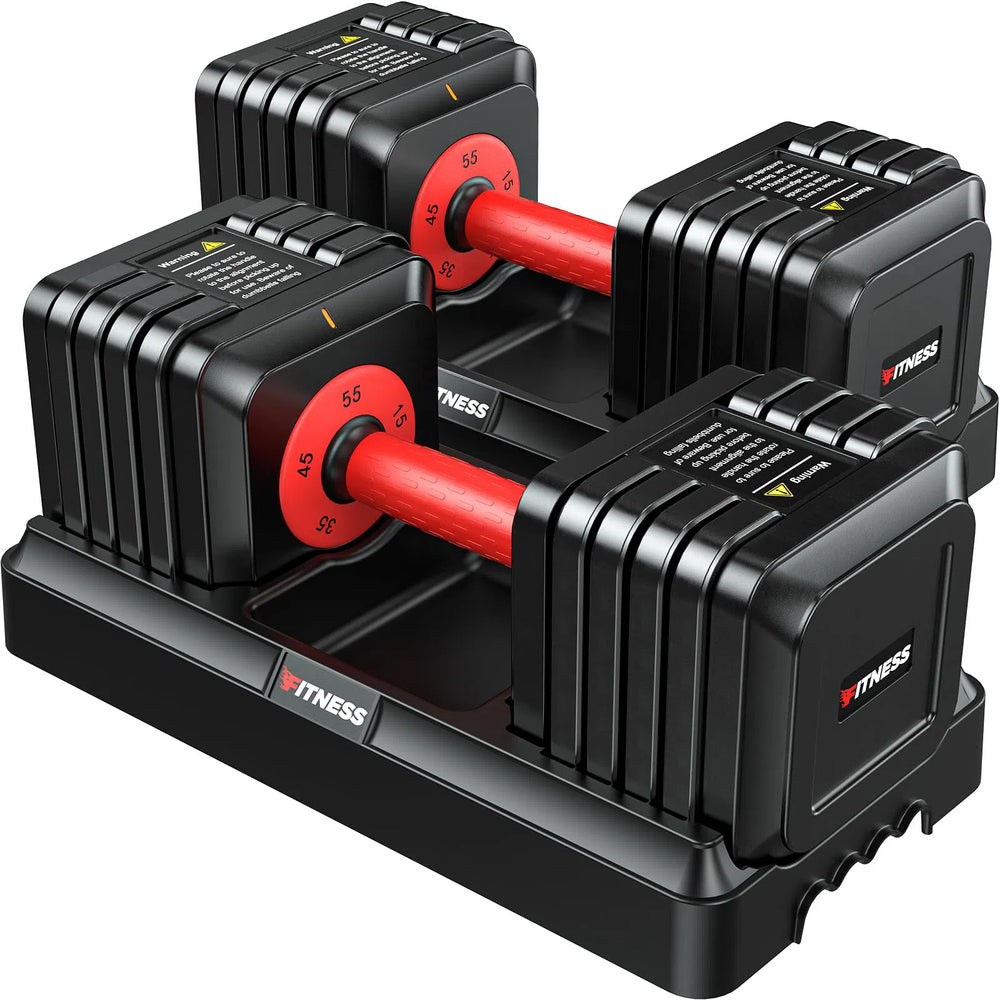 The Rendpas Adjustable Dumbbells Set features red-handled dumbbells, each on a black storage stand. With digital displays and weight markings, theyre part of the Premium-module 11 collection, showcasing the sophisticated Rendpas brand design.