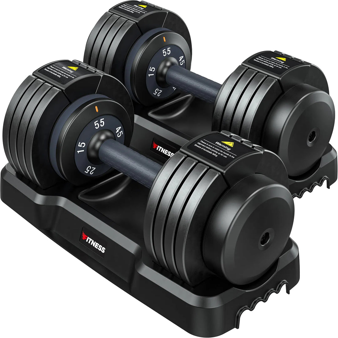 The Rendpas Adjustable Dumbbells Set, resembling those in FAQs about styles, rests elegantly on a black stand. With multiple weight settings labeled in kg and lbs, their sleek design is mainly black with yellow accents.