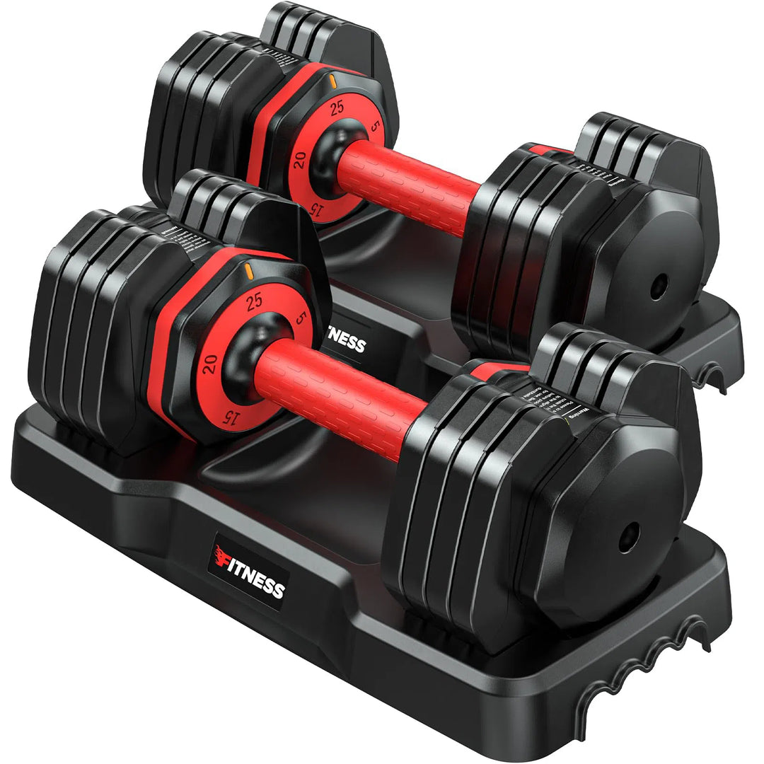 The Rendpas Adjustable Dumbbells Set by Rendpas features black weight plates and red handles on a sleek stand. The numbered weights reflect premium fitness gear styles, ideal for enhancing your home gym experience.