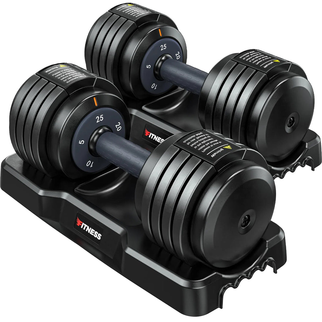 The Rendpas Adjustable Dumbbells Set features black weight plates with a visible logo, each resting in its own black plastic cradle. The cradles have side weight markers for easy adjustment, offering quality and efficiency for fitness enthusiasts.