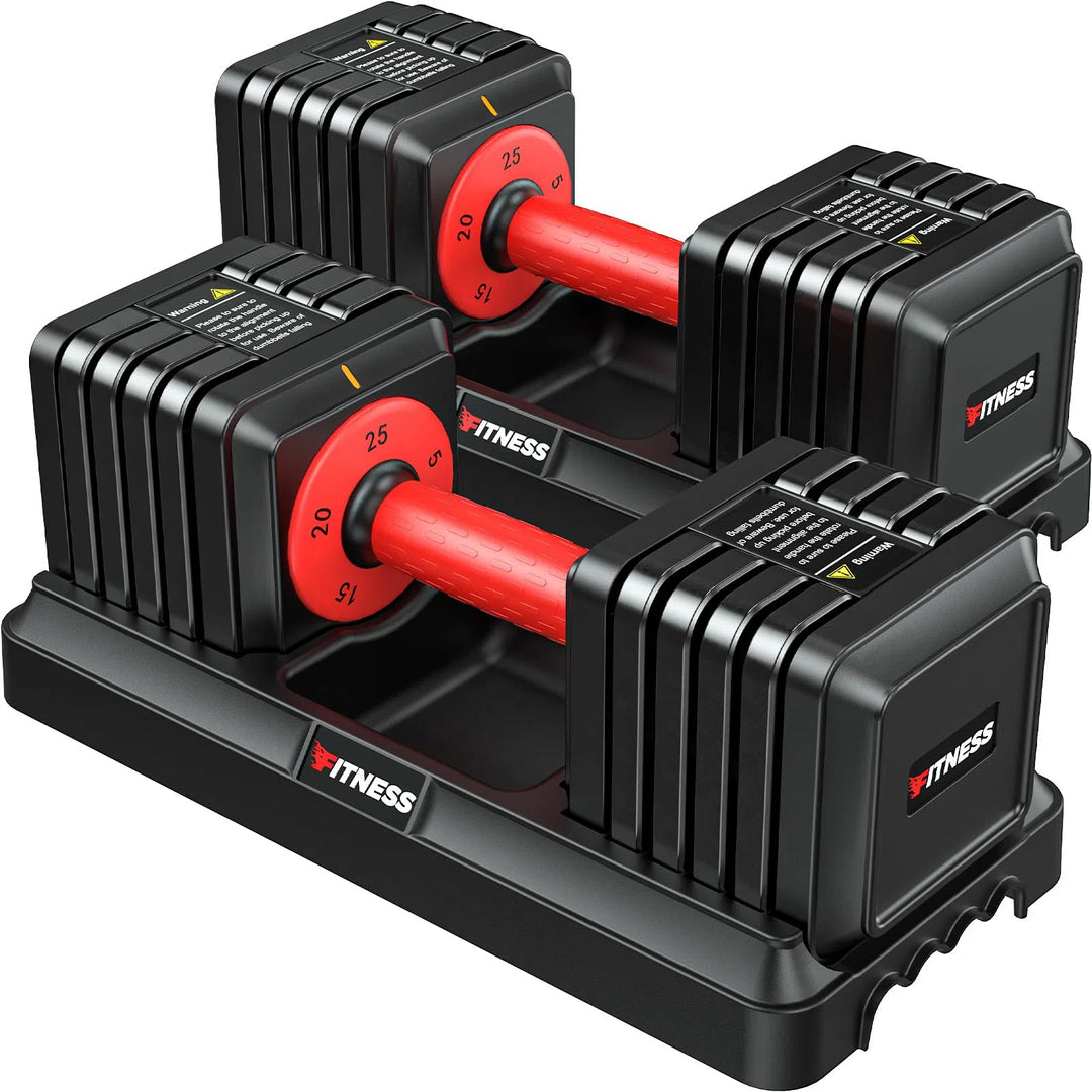 The Rendpas Adjustable Dumbbells Set, with red handles and black rectangular plates, rests elegantly on a black stand. The weights increment by 5 kg, displaying the prominent Rendpas logo—ideal for enthusiasts exploring popular weightlifting styles.