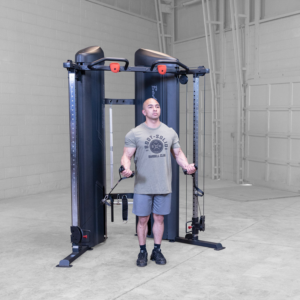 Body-Solid S2FTX functional trainer, angled view of the frame and shrouded weight stacks