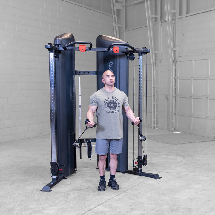 Body-Solid S2FTX functional trainer, angled view of the frame and shrouded weight stacks