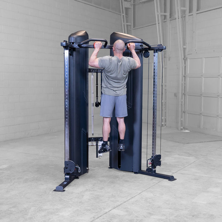 Body-Solid S2FTX functional trainer, close view of the integrated chinning bar and rock climb grips