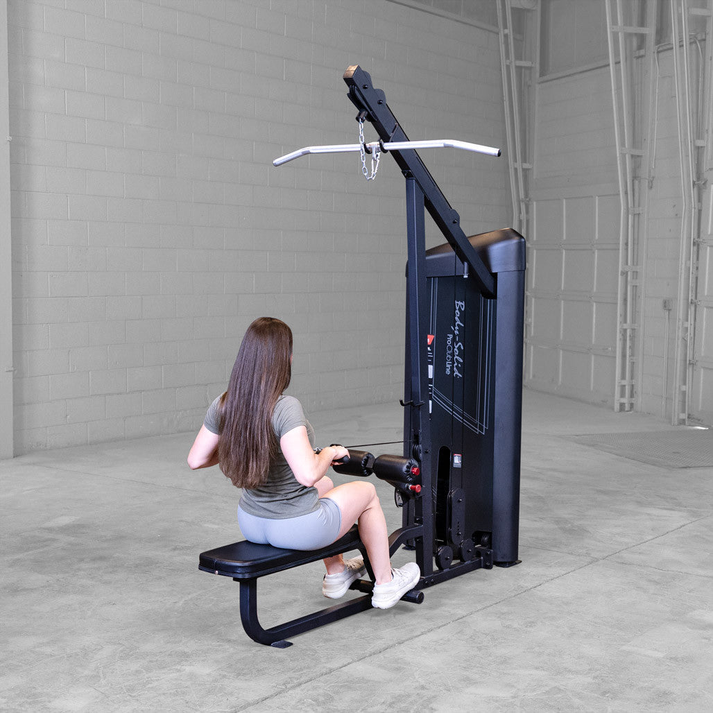 Body-Solid S2LATX lat pulldown and mid row machine, detail of the DuraFirm upholstered seat and thigh pads.