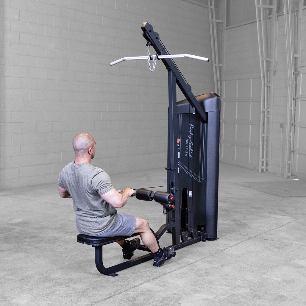 Body-Solid S2LATX lat pulldown station with the five position adjustable leg hold-down pad in view.