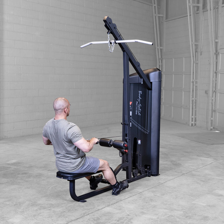 Body-Solid S2LATX lat pulldown station with the five position adjustable leg hold-down pad in view.