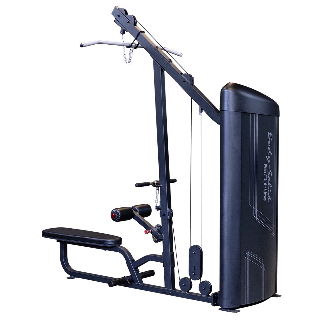 Body-Solid Pro ClubLine Series 2 Lat Pulldown and Mid-Row Machine (S2LATX), full machine view showing the heavy gauge steel frame, fully shrouded cast iron weight stack, high pulley lat station and seated mid row station.