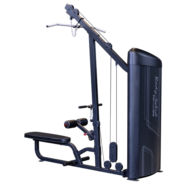 Body-Solid Pro ClubLine Series 2 Lat Pulldown and Mid-Row Machine (S2LATX), full machine view showing the heavy gauge steel frame, fully shrouded cast iron weight stack, high pulley lat station and seated mid row station.
