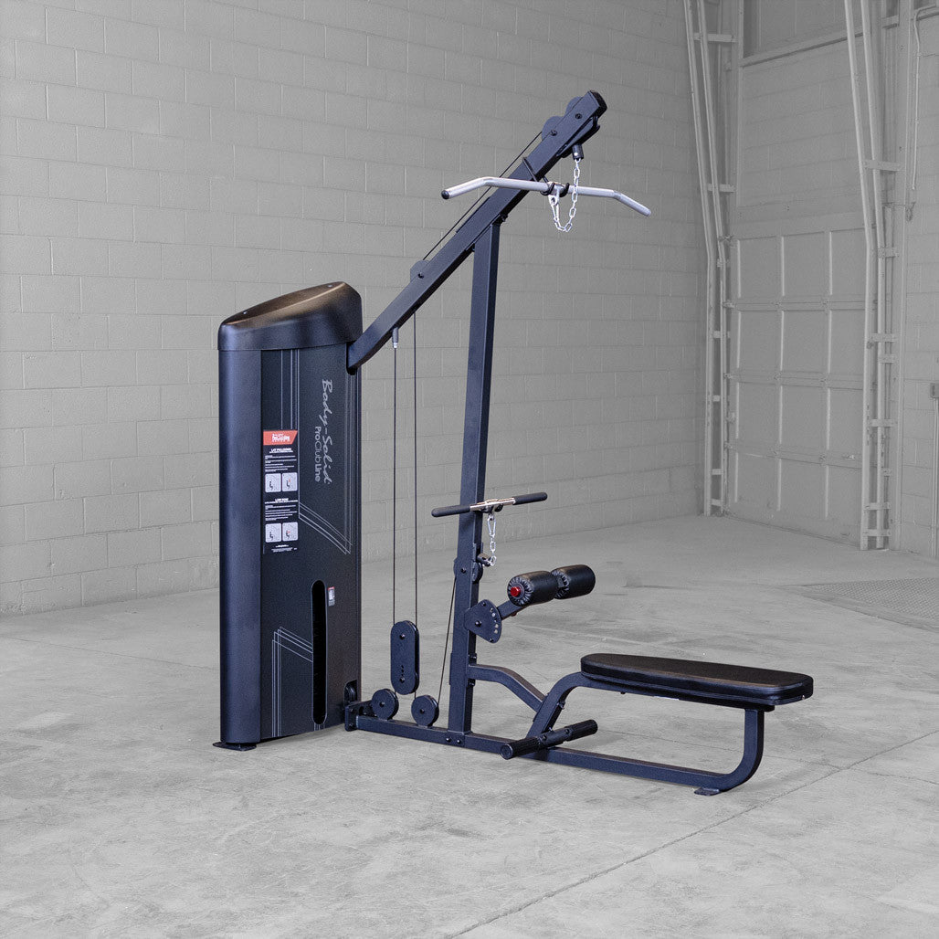 Body-Solid Pro ClubLine Series 2 Lat and Mid-Row (S2LATX) on a commercial gym floor, showing the compact 34 in. wide footprint of the two station frame.