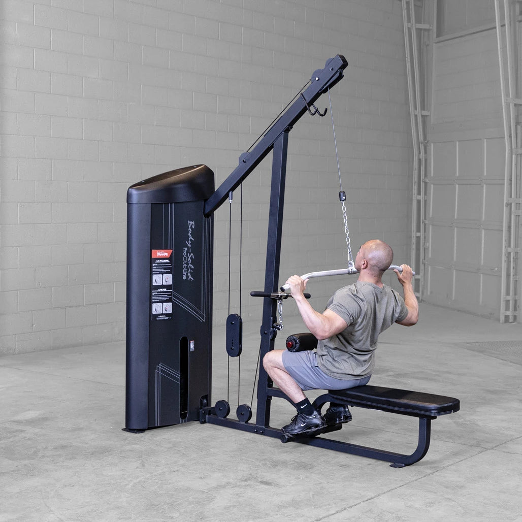 Body-Solid S2LATX mid row station, showing the extended seat pad, the chest pad and the foot brace used for seated rows.
