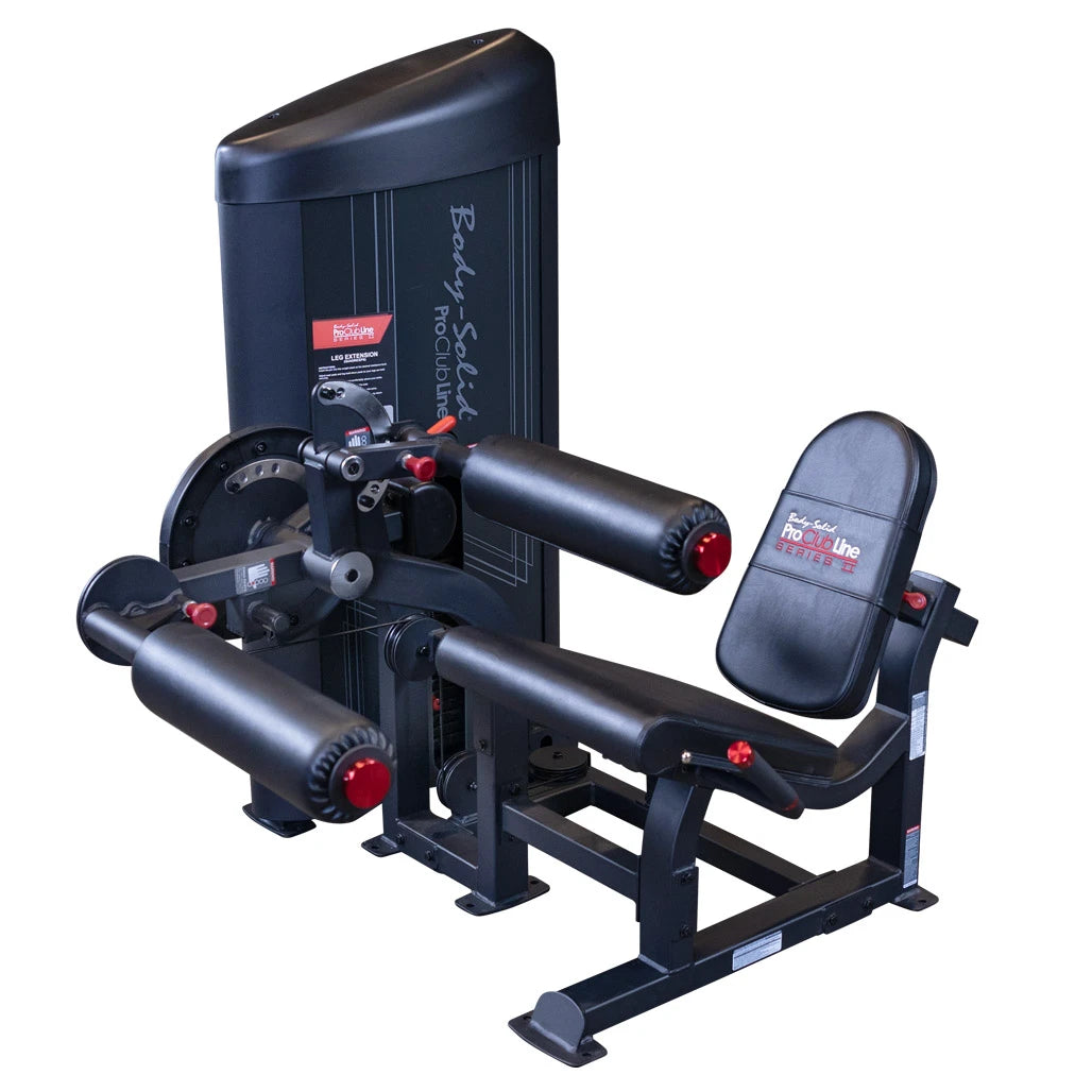 Body-Solid Pro ClubLine S2LECX leg curl and extension machine, full view of the frame, seat, roller pads and fully shrouded weight stack