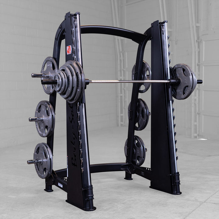 Body-Solid SCB1000B Smith machine, full machine view of the frame, carriage, and plate posts