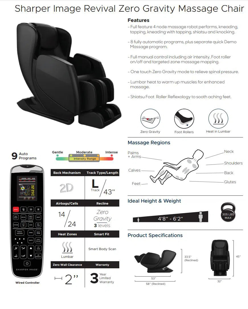 Sharper Image Revival Zero Gravity Full Body Massage Chair features and specifications
