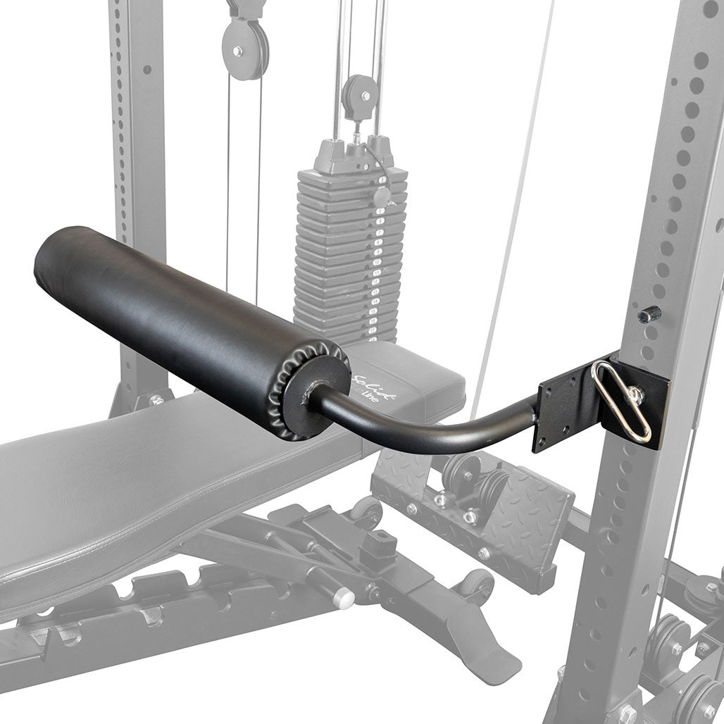 Close view of the Body-Solid SPRLHD leg hold down pad and J hook mount