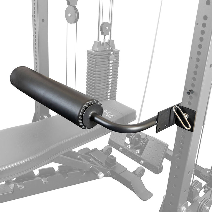 Close view of the Body-Solid SPRLHD leg hold down pad and J hook mount