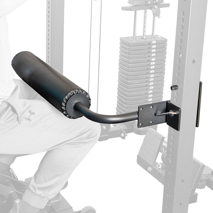 Body-Solid SPRLHD leg hold down mounted on a power rack upright