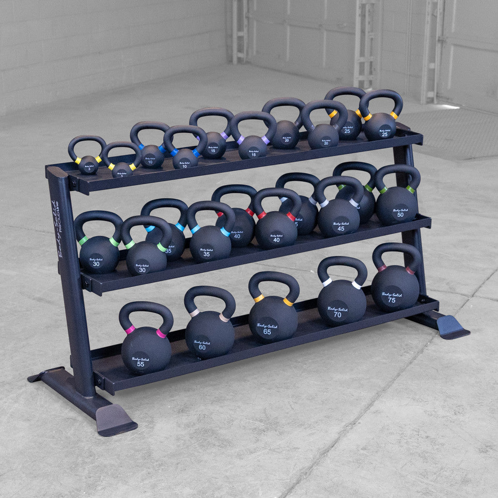 SRK200 rack loaded with Body-Solid KBR powder coated kettlebells