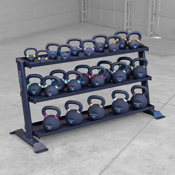 SRK200 rack loaded with Body-Solid KBR powder coated kettlebells