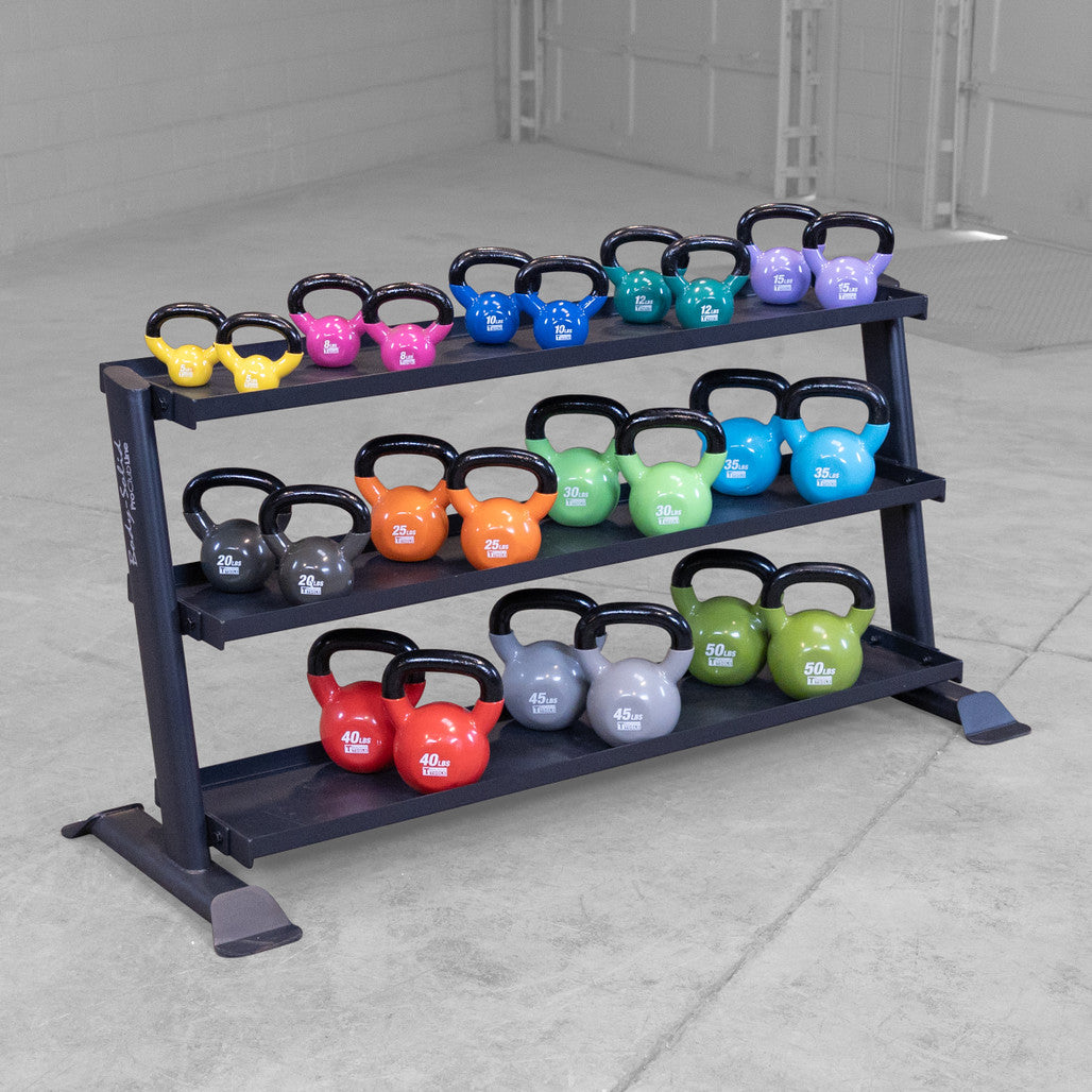 SRK200 rack loaded with color coded KBV vinyl kettlebells across all three tiers