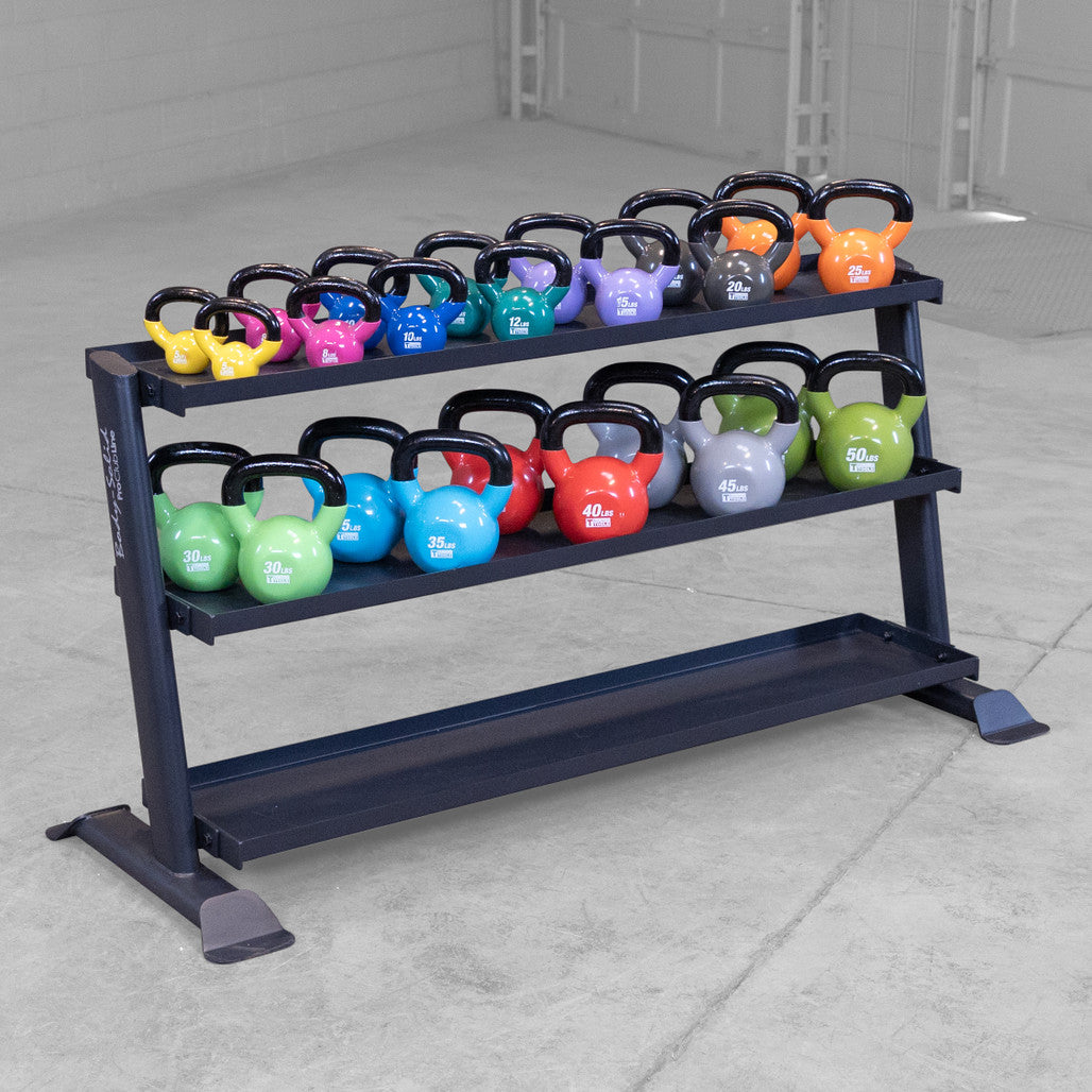 Angled view of the SRK200 holding a full KBV vinyl kettlebell set