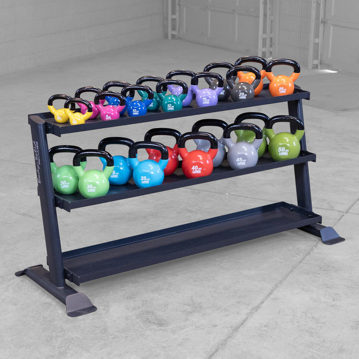 Angled view of the SRK200 holding a full KBV vinyl kettlebell set