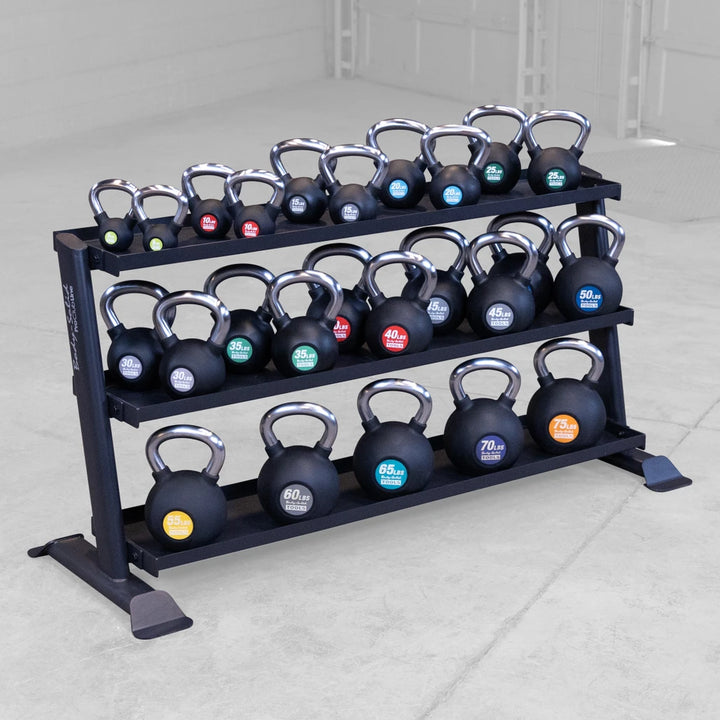 SRK200 rack holding Body-Solid KBZ premium kettlebells, showing tier depth