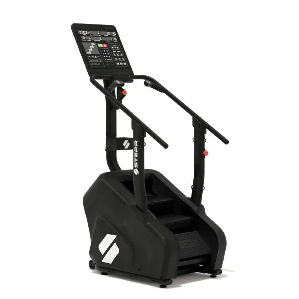 The STEPR Classic Stair Climber by STEPR, shown on a white background, is perfect for cardio workouts with its compact and modern design. It features a black frame with handrails, a digital display screen, and a textured step surface ideal for any home gym.