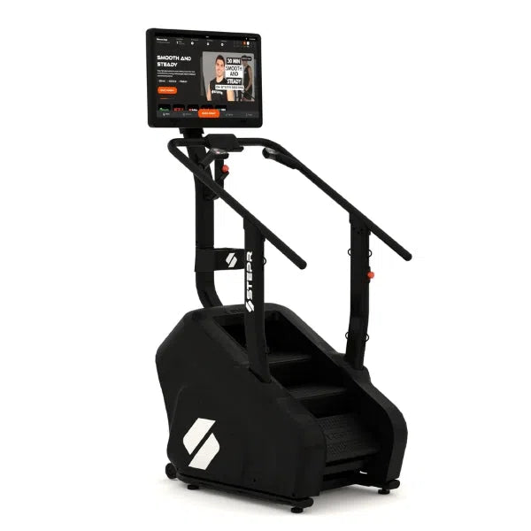 The STEPR+ Stair Climber by STEPR is a sleek black machine with handles and a large digital screen showing workout options and user imagery. This sturdy, modern, space-saving design is ideal for home fitness enthusiasts desiring an effective indoor training solution.