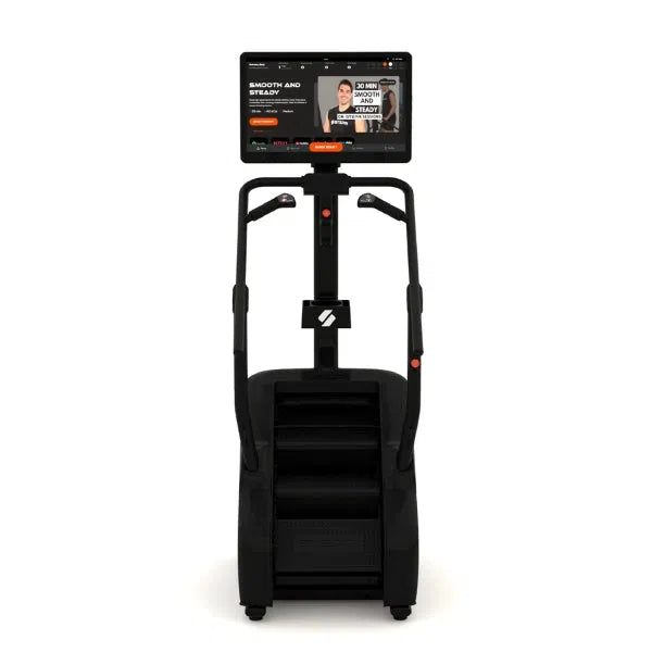 Introducing the STEPR+ Stair Climber by STEPR, a sleek black stair stepper with a large touchscreen offering varied workouts. Ergonomic handlebars and a compact design make it ideal for home or gym fitness.