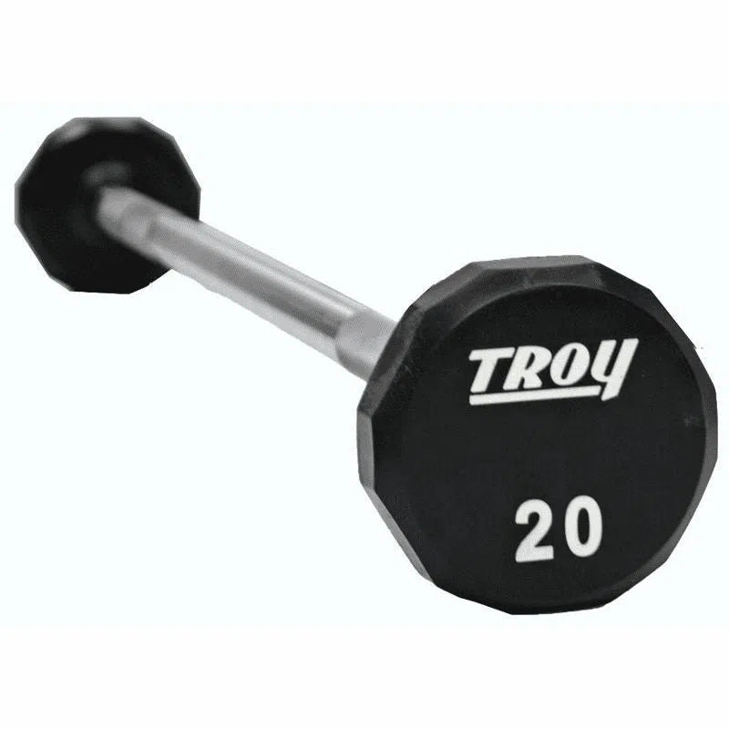 Troy TSB-U 12-sided urethane straight barbell, 20 lb., showing the molded Troy logo and white weight number on the encased head.