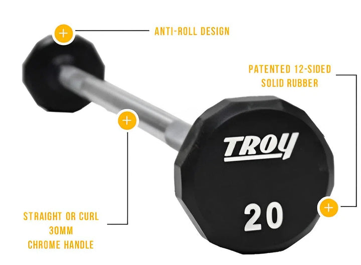 Troy Urethane Fixed Weight Barbell dimensions and components