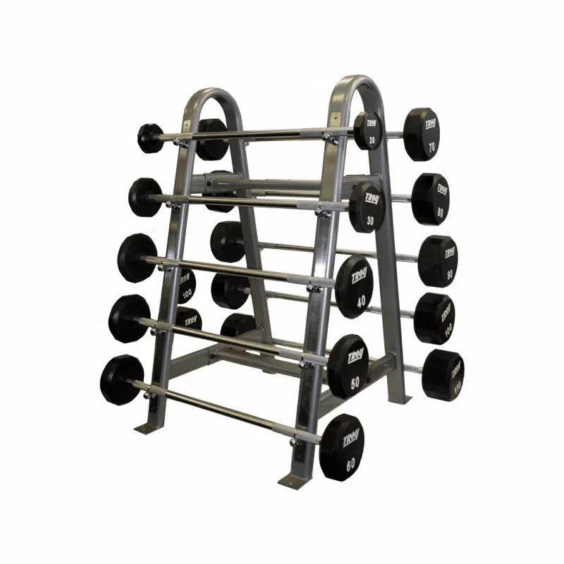Troy BB-10 dual sided rack loaded with ten 12-sided urethane fixed barbells from 20 to 110 lb., shown from the front on a white background.