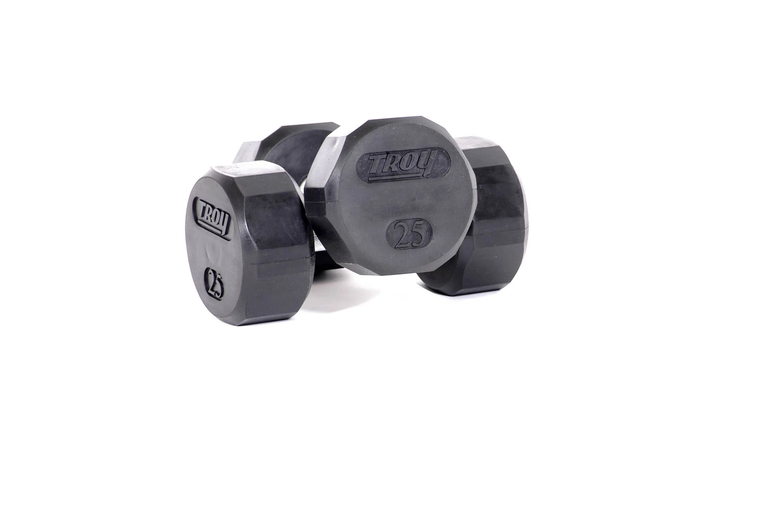 Two sleek black hexagonal dumbbells from the TROY Barbell 5-100 lb Rubber Commercial Dumbbell Set feature Troy and 25 engraved on their sides, placed on a plain white background.