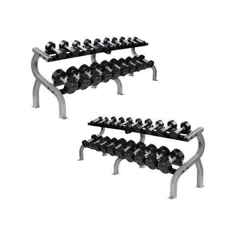 The Troy 5-100 lb Rubber Commercial Dumbbell Set by TROY Barbell features gym-quality equipment with two racks of black rubber dumbbells, organized in pairs by increasing weight. Sturdy metal shelves on the racks and a minimalist white background showcase its professional appeal.