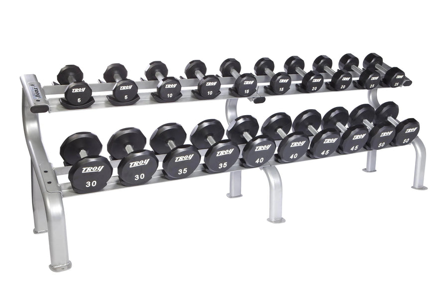 Troy Barbell 5-50 lb Urethane Commercial Dumbbell Set with Rack COMMPAC-TSDU50 Muscle and Strength Training Solution Healthy and Safe Workout
