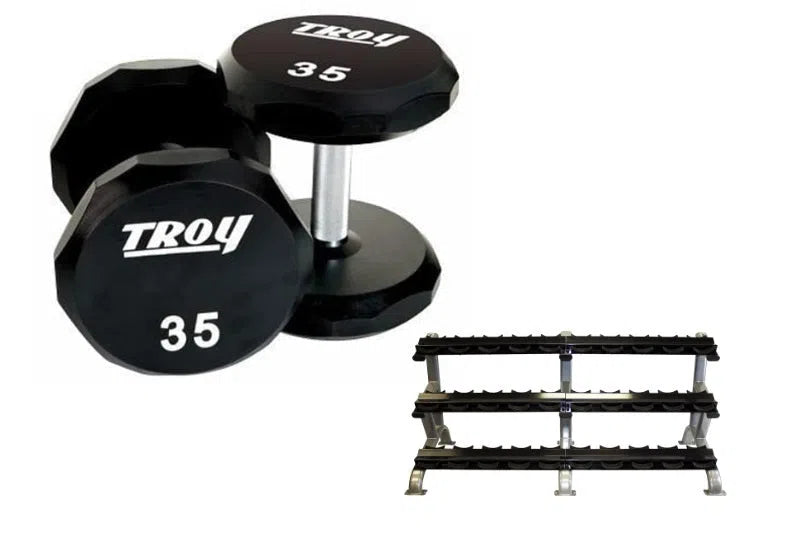 Troy Barbell 5-75 lb Urethane Commercial Dumbbell Set with Rack COMMPAC-TSDU75 Muscle and Strength Training Solution Healthy and Safe Workout