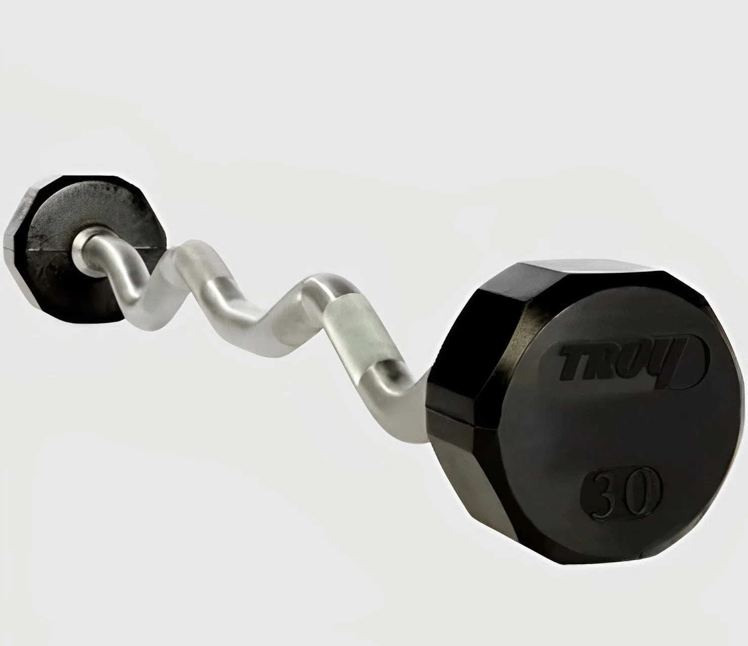 A commercial-grade, wavy-designed silver curl bar from TROY Barbell features black hexagonal ends marked Troy and 30, set against a white background. It is sturdy like the Troy Rubber Fixed Weight Barbell Set w/ Rack, ensuring ergonomic gripping and reliable performance for strength training.