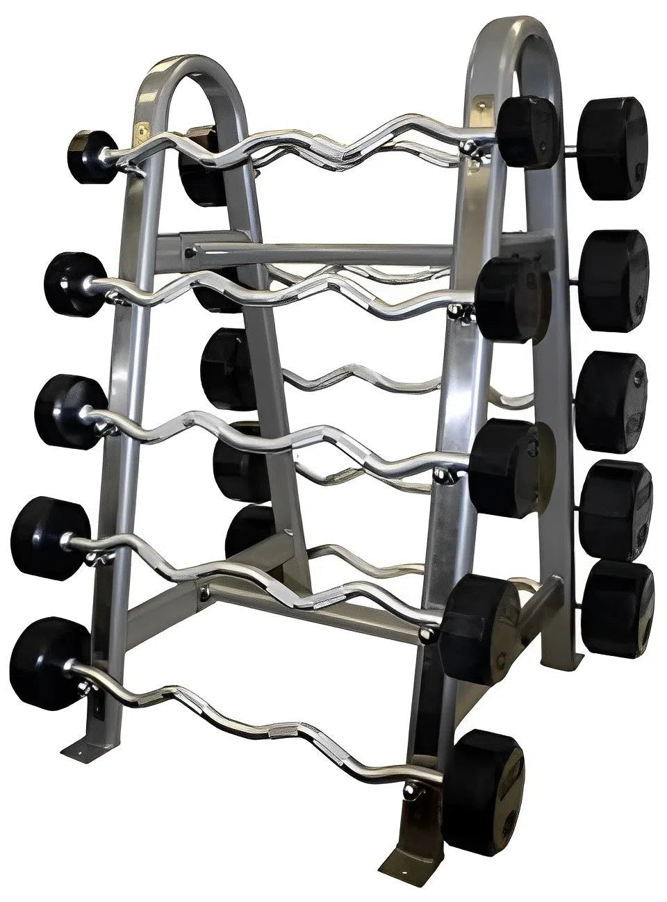 The Troy Rubber Fixed Weight Barbell Set with Rack by TROY Barbell features a commercial-grade, silver rack holding multiple curl bars with black circular weights. Its ladder-like design offers ergonomic lifting, while distinct bar bends enhance strength training. Displayed on a white background.
