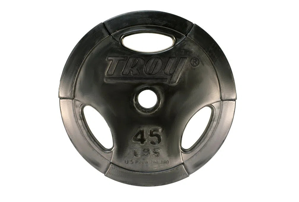 The Troy Rubber Olympic Weight Plate Set by TROY Barbell includes a black plate with a tri-grip design, featuring three grip holes and 45 LBS at the bottom.